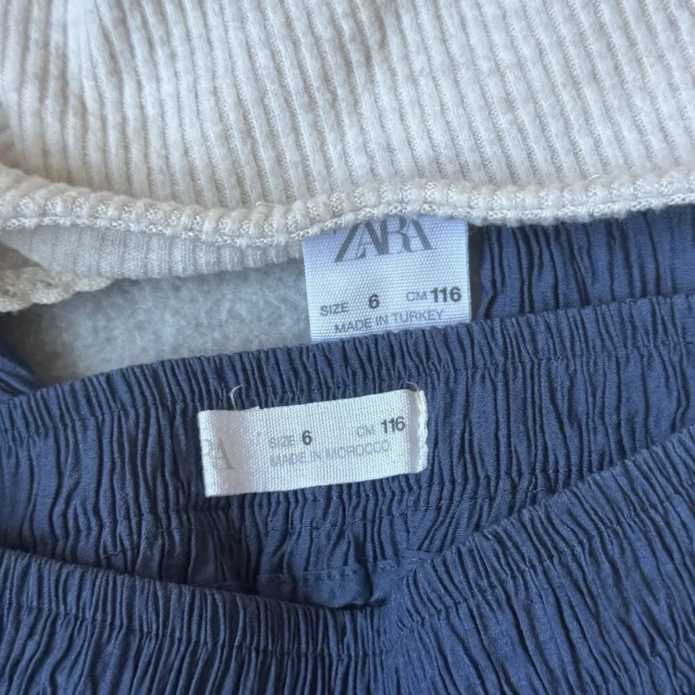 Zara Girls Flare Pants Size 6 Blue Crinkle Pullover Beige Long Sleeve Top Bundle
